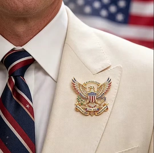 Patriotic brooch on suit lapel