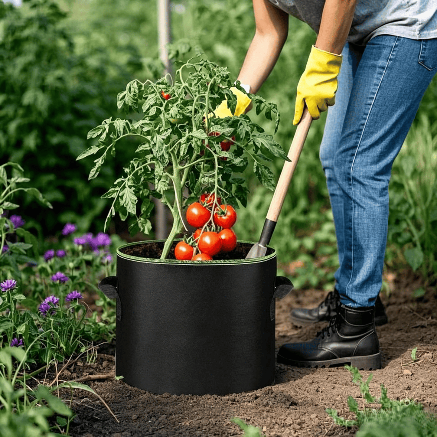 Black fabric grow bag used for tomato plant gardening