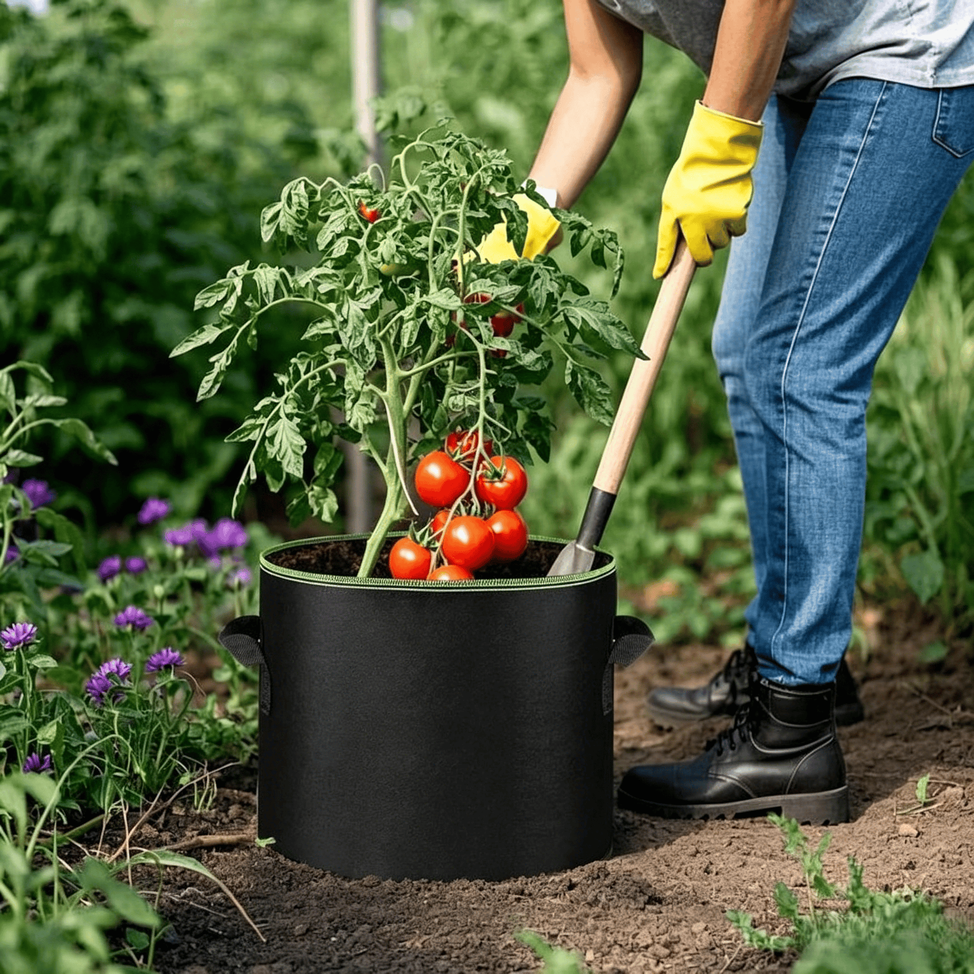 Black fabric grow bag used for tomato plant gardening