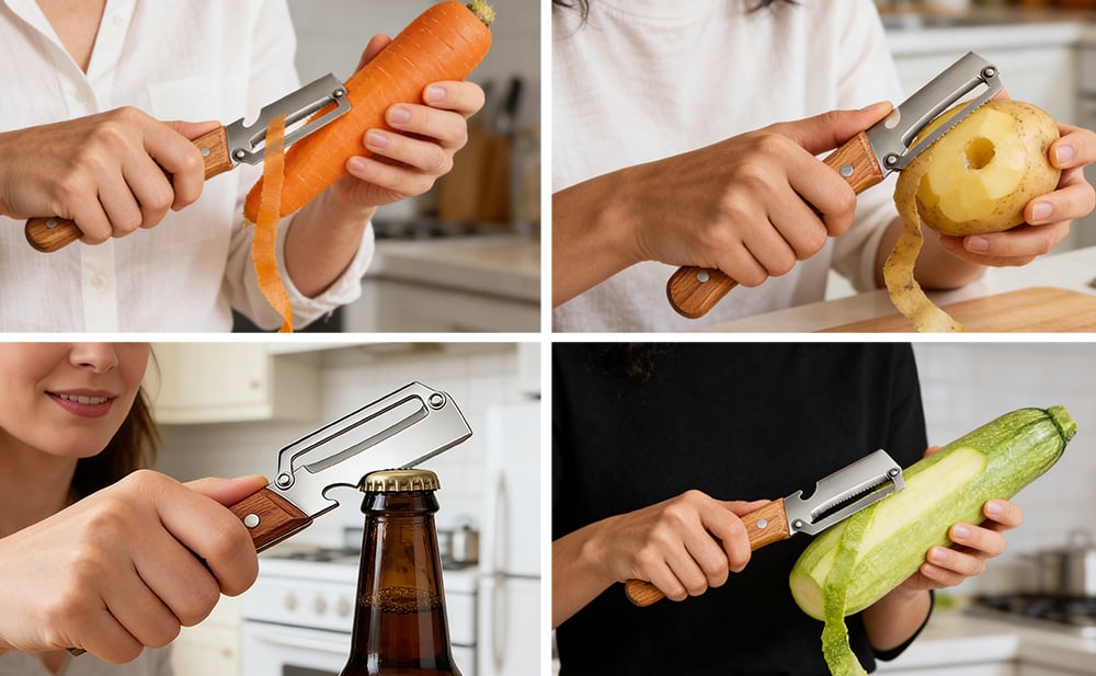 Peeling carrots potatoes zucchini and opening bottle collage