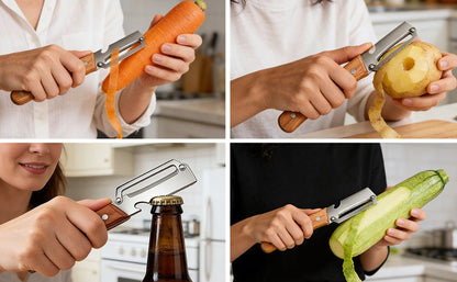 Peeling carrots potatoes zucchini and opening bottle collage