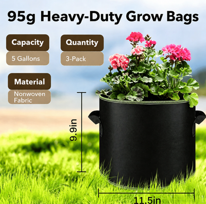 🌱 3-Pack 5 Gallon Grow Bags – Heavy Duty Aeration Fabric Pots with Handles for Vegetables, Flowers & Fruits 🪴