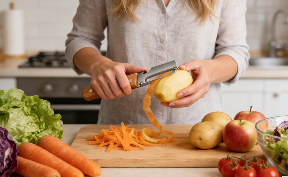 Woman peeling potato in kitchen