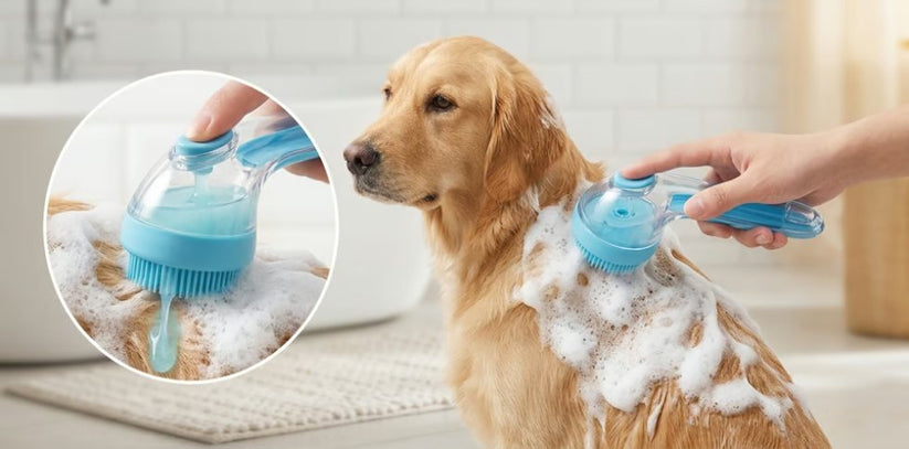 Gokeepy pet bath brush gently washing a dog