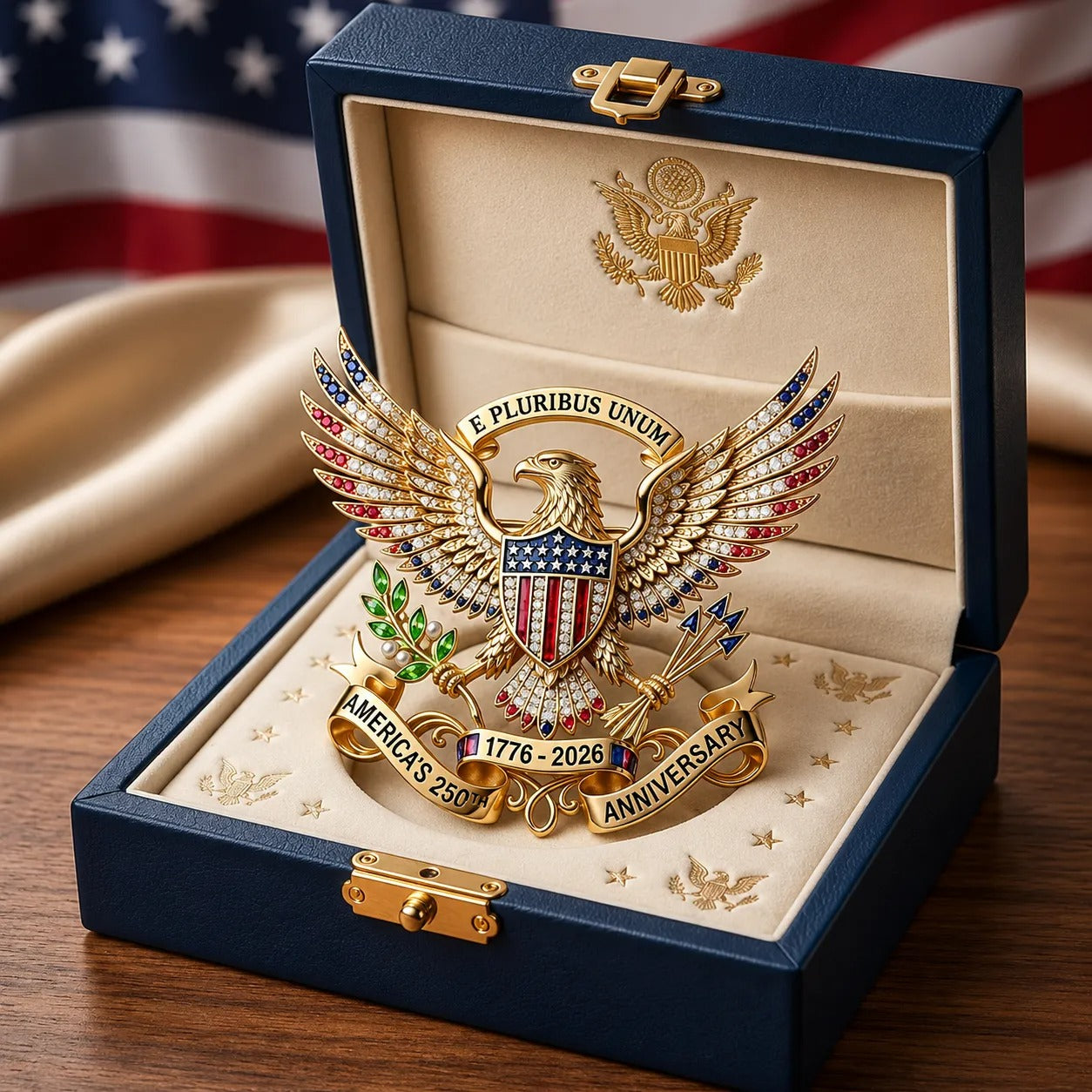 US 250th Anniversary Brooch Pin gift box packaging