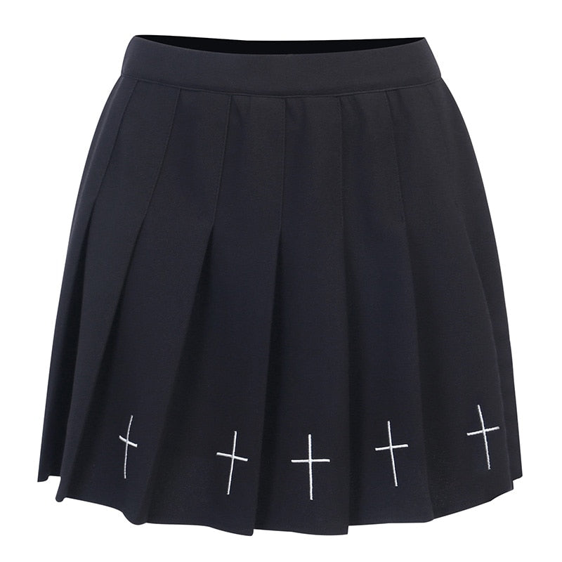Hot High Waist Mini Schwarz Röcke Streetwear Cross Print Plissee Frauen Rock